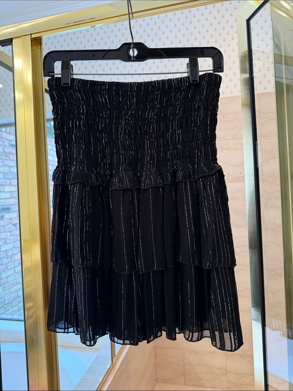 Black Smocked Tiered Mini Skirt with Metallic Stripes
